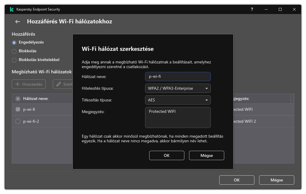 Az ablak a megbízható Wi-Fi hálózat beállításait tartalmazza.