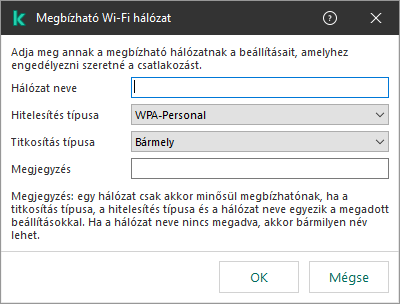 Az ablak a megbízható Wi-Fi hálózat beállításait tartalmazza.