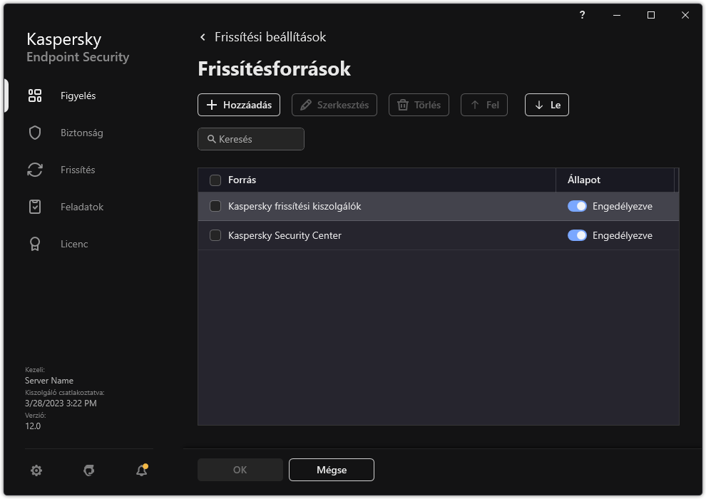 A frissítéőforrások listáját tartalmazó ablak. A felhasználó frissítési forrásokat adhat hozzá, és prioritást rendelhet a forráshoz.