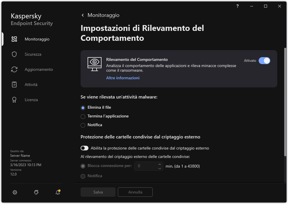 Finestra Impostazioni di Rilevamento del Comportamento.