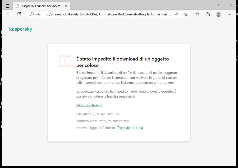 Notifica di Kaspersky sulla prevenzione del caricamento di oggetti dannosi nella finestra del browser.