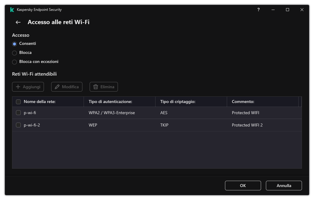 Finestra con un elenco di reti Wi-Fi. L'utente può configurare l'accesso a tutte le reti Wi-Fi e aggiungere reti Wi-Fi attendibili.
