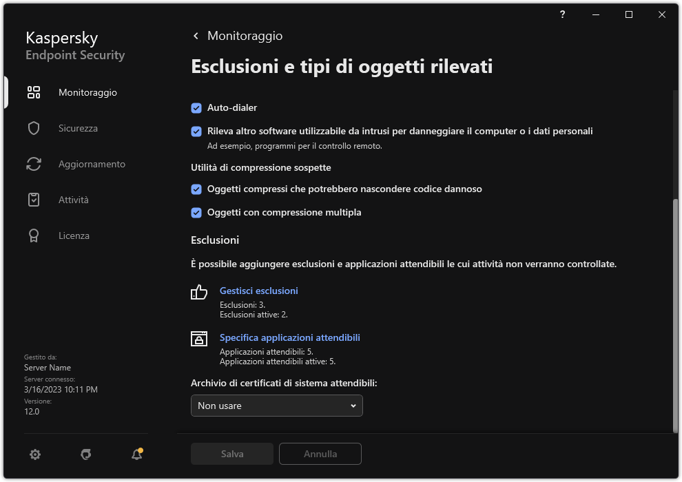 Finestra delle impostazioni di esclusione. L'utente può aggiungere esclusioni e applicazioni attendibili.
