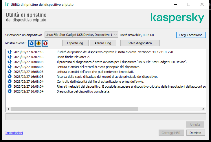 Una finestra con l'elenco degli eventi di utilità. L'utente può eseguire la diagnostica e decriptare il dispositivo selezionato.