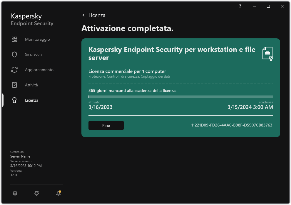 La finestra contiene informazioni sulla licenza: data di scadenza, funzioni disponibili e altre informazioni.
