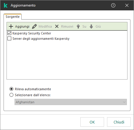 Una finestra con l'elenco delle sorgenti degli aggiornamenti. L'utente può aggiungere sorgenti degli aggiornamenti e assegnare una priorità alla sorgente.
