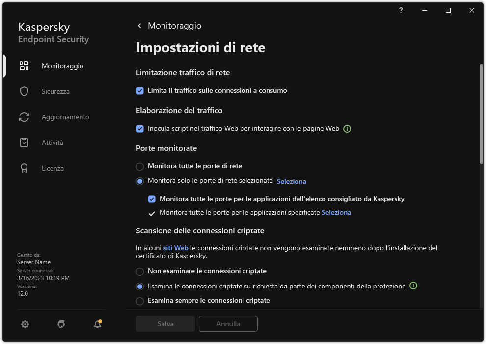 Finestra delle impostazioni di rete dell'applicazione.