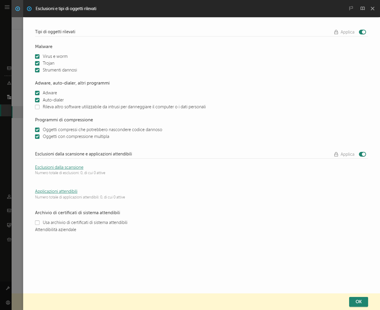 Finestra delle impostazioni di esclusione. L'utente può aggiungere esclusioni e applicazioni attendibili.