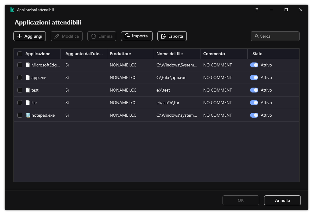 Una finestra con l'elenco delle applicazioni attendibili. L'utente può aggiungere, modificare o rimuovere un'applicazione attendibile.
