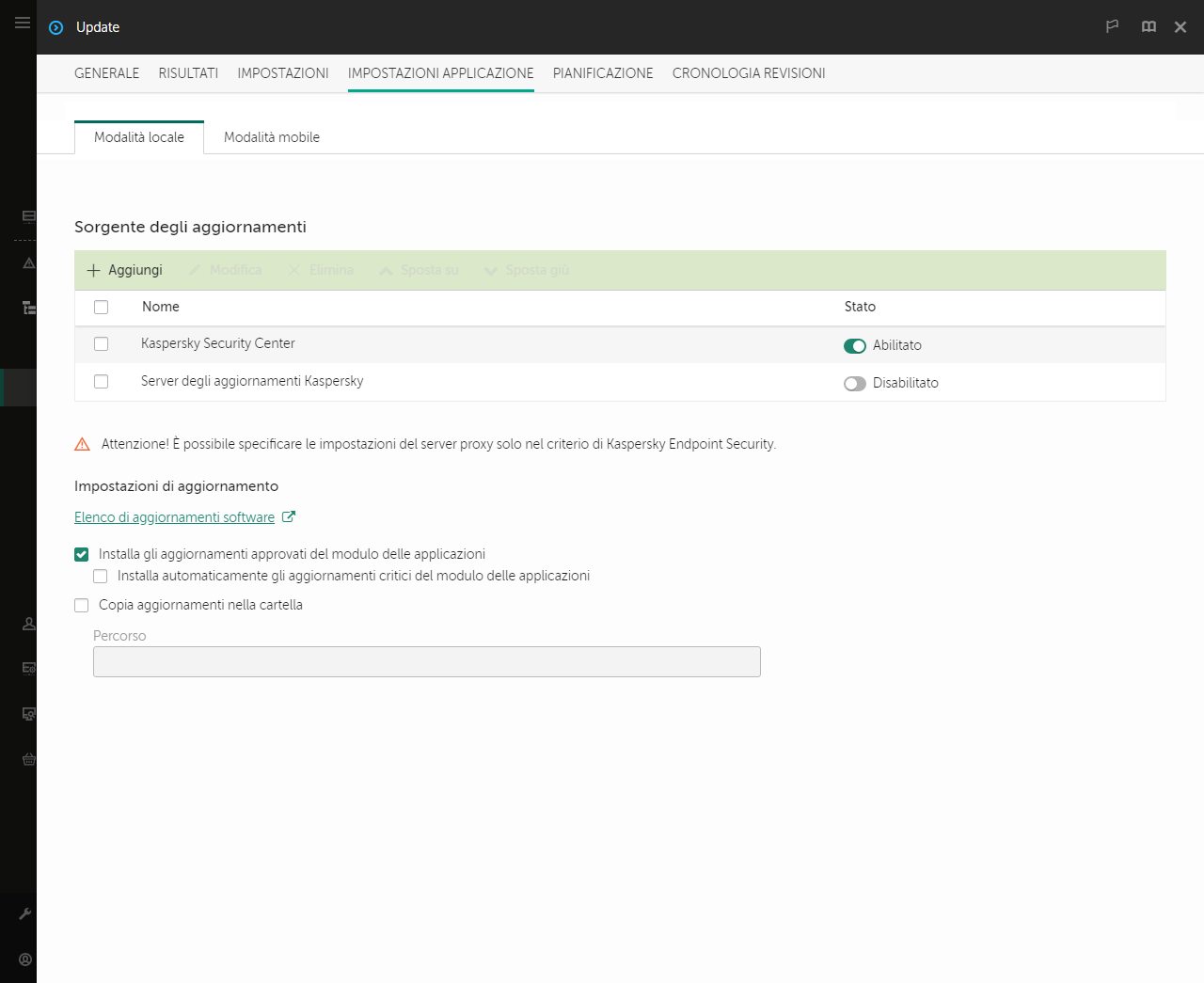 Una finestra con l'elenco delle sorgenti degli aggiornamenti. L'utente può aggiungere sorgenti degli aggiornamenti e assegnare una priorità alla sorgente.