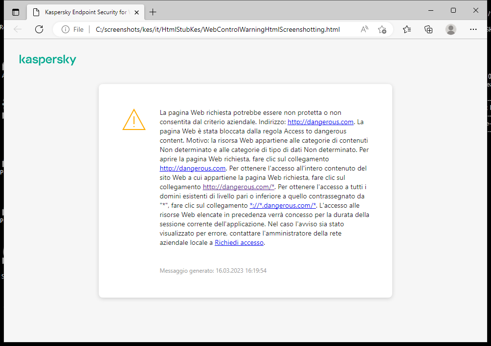 Notifica di Kaspersky relativa alla visita di una pagina Web potenzialmente non sicura nella finestra del browser. L'utente può creare una richiesta per accedere alla risorsa Web.