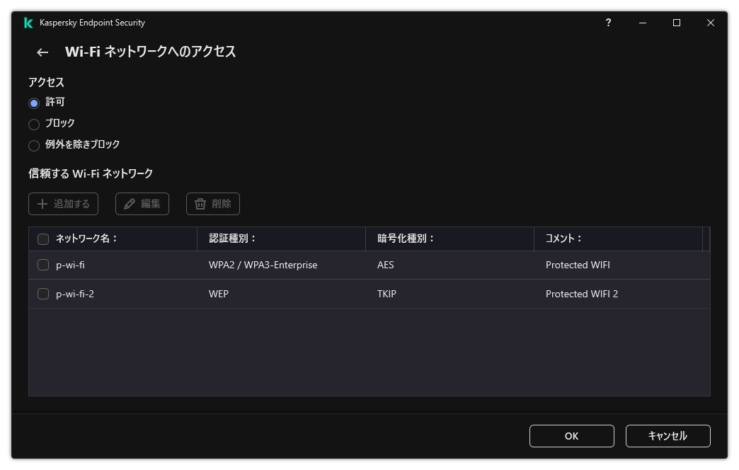 Wi-Fi ネットワークのリストのウィンドウ。ユーザーはすべての Wi-Fi ネットワークへのアクセスを設定でき、また信頼する Wi-Fi ネットワークを追加することができます。