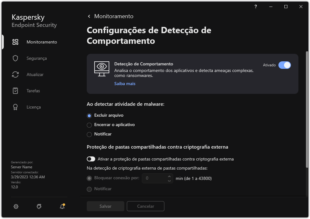 Janela Configurações de Detecção de Comportamento.