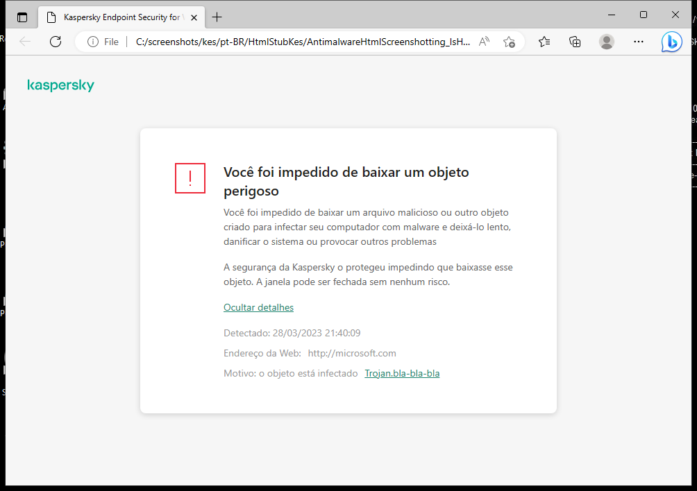 Notificação da Kaspersky sobre impedir que objetos maliciosos sejam carregados na janela do navegador.