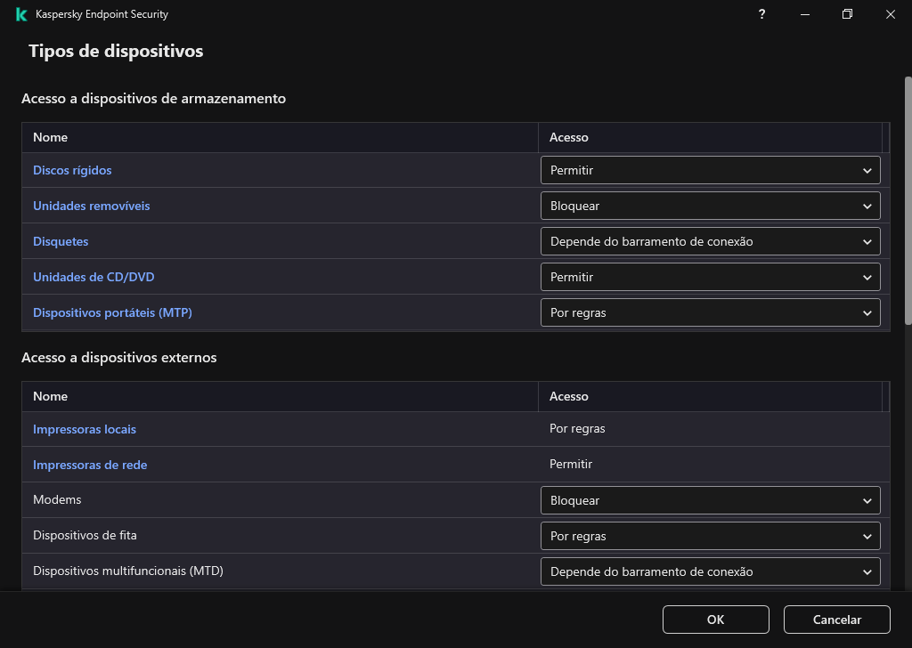 Janela para configurar o acesso aos dispositivos. O usuário pode configurar o acesso aos dispositivos e definir os parâmetros de acesso adicionais, como o agendamento de acesso.