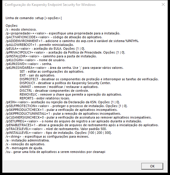 Janela de dica de ferramenta descrevendo as opções de comando para instalar o aplicativo por meio de CMD.