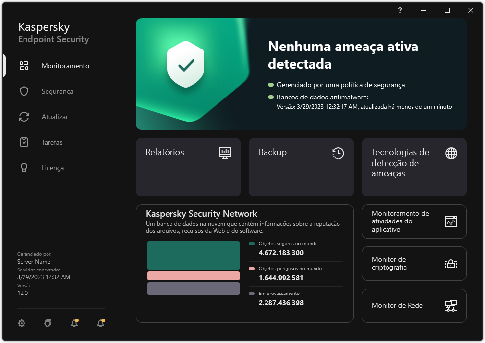 A janela principal do aplicativo contém seções para monitoramento de segurança do computador e controle de aplicativos.