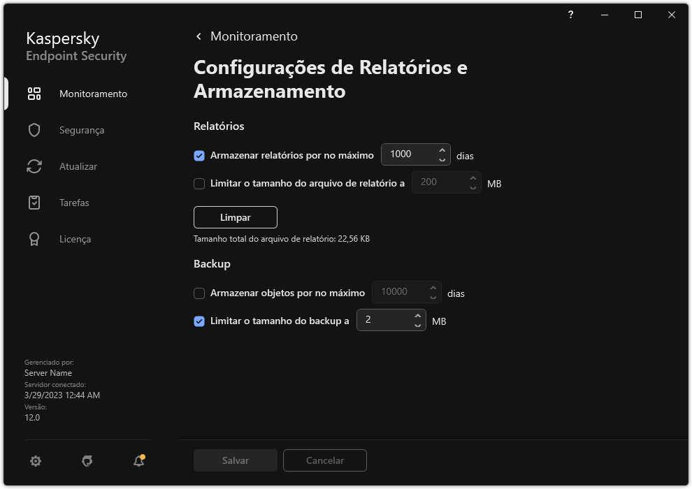 Janela Configurações de relatórios e armazenamento. O usuário pode definir o tamanho e limitar o tempo de armazenamento de relatórios e objetos no repositório.