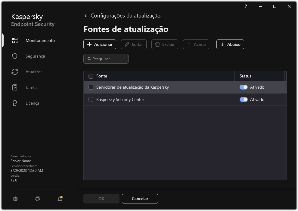 Uma janela com a lista de fontes de atualização. O usuário pode adicionar fontes de atualização e atribuir uma prioridade à fonte.
