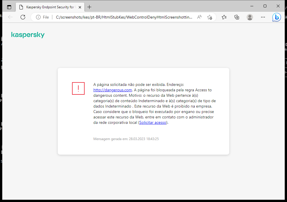 Notificação da Kaspersky sobre o bloqueio de acesso à página da Web na janela do navegador. O usuário pode criar uma solicitação para acessar o recurso da Web.