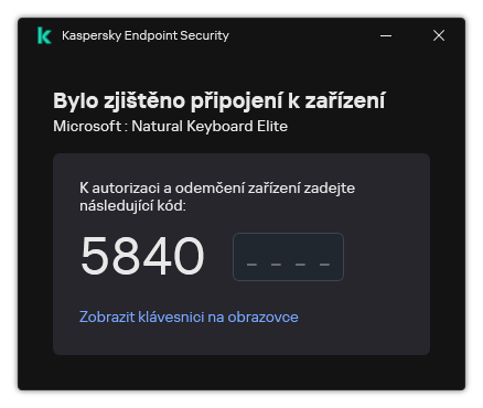 Okno s kódem pro autorizaci klávesnice. Uživatel může aktivovat klávesnici na obrazovce a zadat kód.