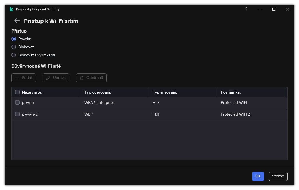 Okno se seznamem Wi-Fi sítí. Uživatel může nakonfigurovat přístup ke všem Wi-Fi sítím a přidat důvěryhodné Wi-Fi sítě.