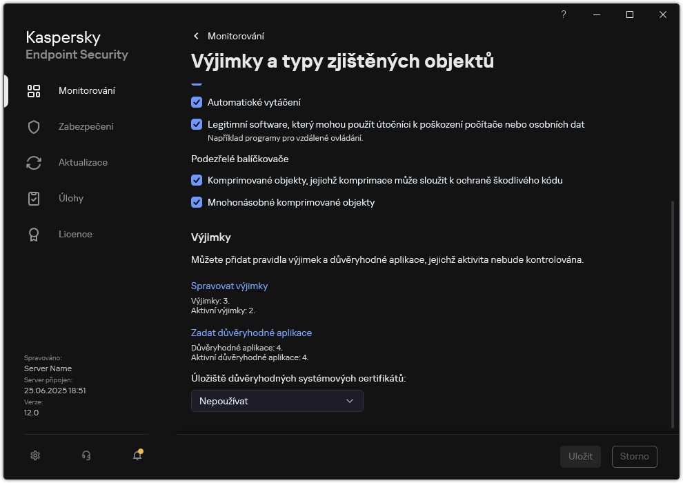 Okno nastavení výjimek. Uživatel může přidávat výjimky a důvěryhodné aplikace.