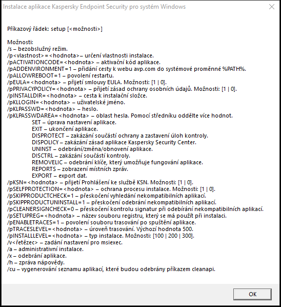 Okno s popisem popisující možnosti příkazu pro instalaci aplikace přes CMD.