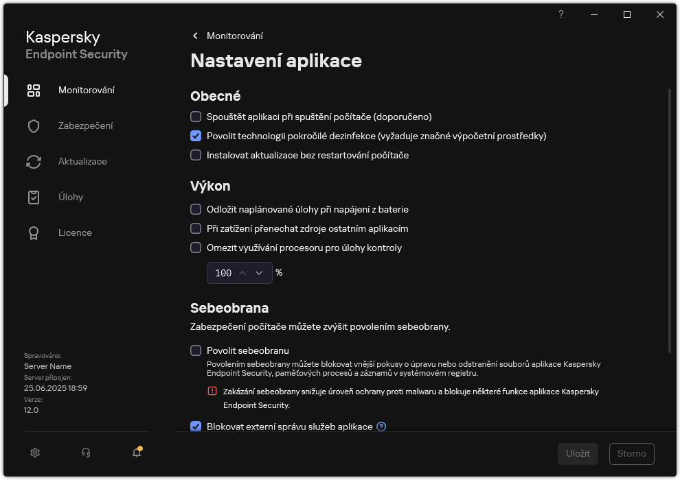 Okno Nastavení aplikace. Uživatel může konfigurovat výkon, sebeobranu a další nastavení.