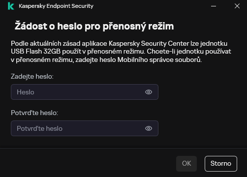 Okno obsahuje pole pro zadání a potvrzení hesla.