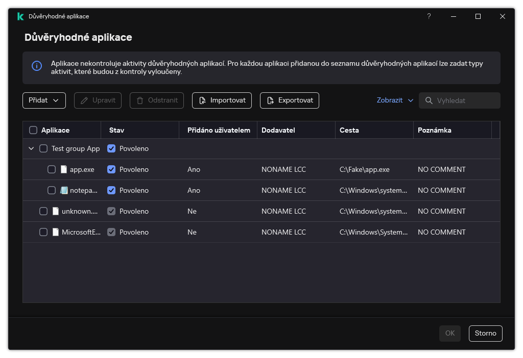 Okno se seznamem důvěryhodných aplikací. Uživatel může přidat, upravit nebo odebrat důvěryhodnou aplikaci.