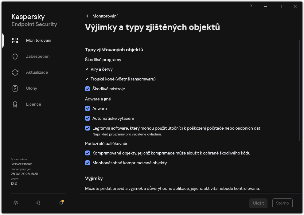 Okno nastavení výjimek. Uživatel může vybrat typy zjišťovaných objektů a přidat objekty do výjimek.