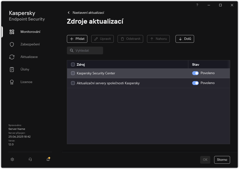 Okno se seznamem zdrojů aktualizací. Uživatel může přidat zdroje aktualizací a přiřadit zdroji prioritu.