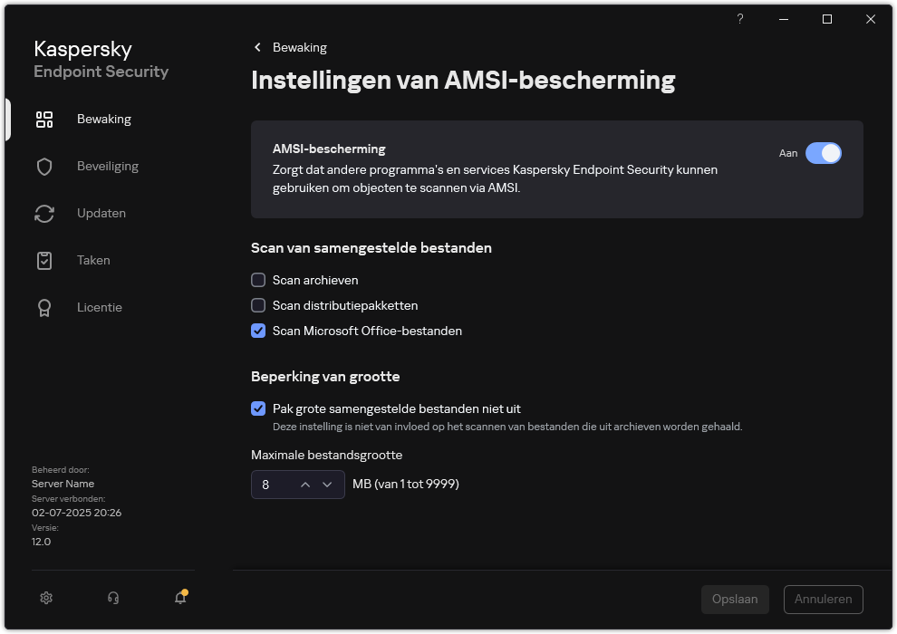 Venster voor instellingen van AMSI-bescherming