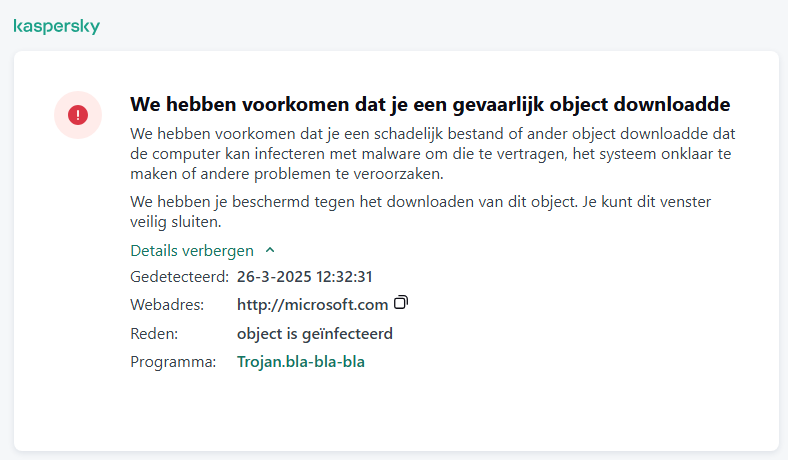 Kaspersky-melding over het voorkomen dat kwaadaardig object wordt geladen in het browservenster.