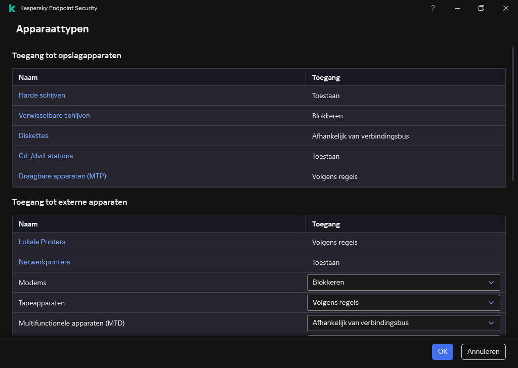Venster voor het configureren van toegang tot apparaten. De gebruiker kan de toegang tot apparaten configureren en aanvullende toegangsparameters instellen, zoals het toegangsschema.
