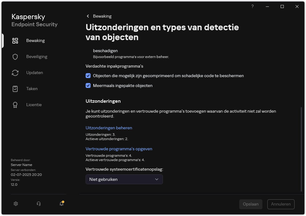 Venster instellingen voor uitzonderingen. De gebruiker kan uitzonderingen en vertrouwde programma's toevoegen.