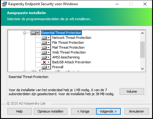Installatievenster met een lijst componenten die een gebruiker kan selecteren.