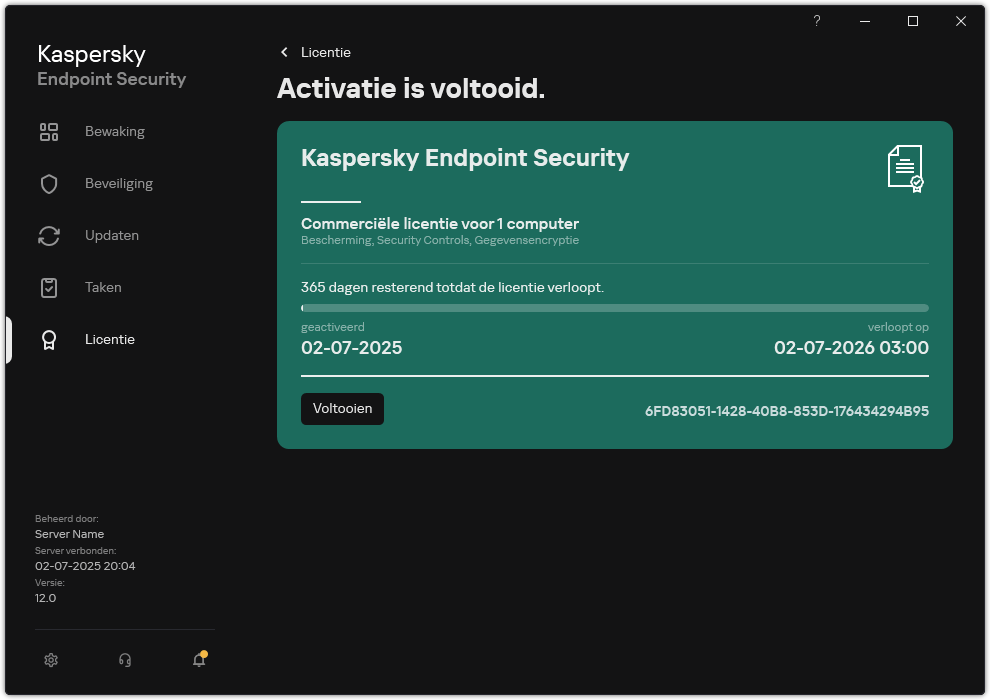 Het venster bevat informatie over de licentie: vervaldatum, beschikbare functies en andere informatie.