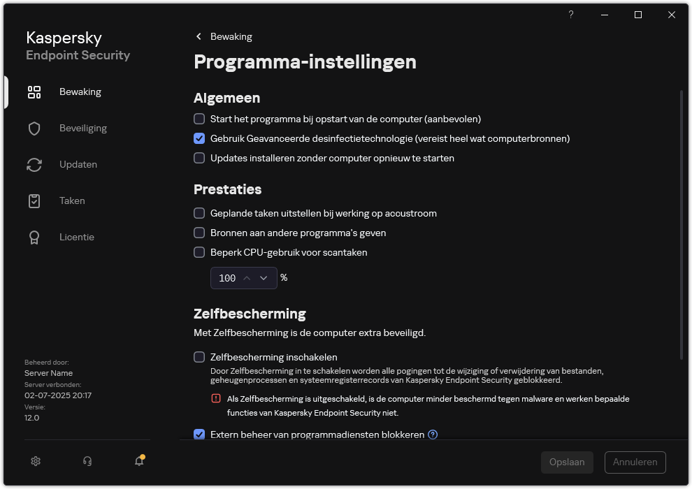 Venster programma-instellingen. De gebruiker kan prestaties, zelfverdediging en andere instellingen configureren.