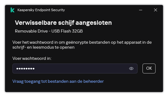 Het venster bevat een wachtwoordinvoerveld. De gebruiker kan een toegangsaanvraag voor een bestand maken.