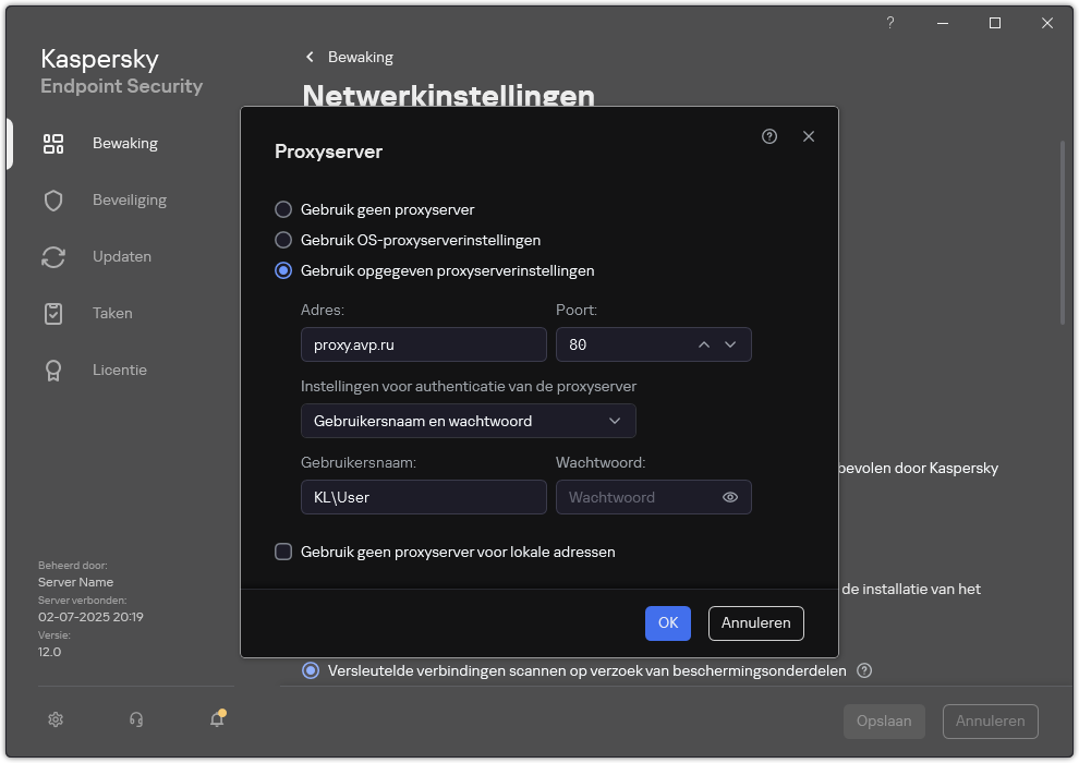 Het venster voor het configureren van de proxyserververbinding. De gebruiker kan het adres van de proxyserver en referenties instellen om verbinding te maken met de proxyserver.