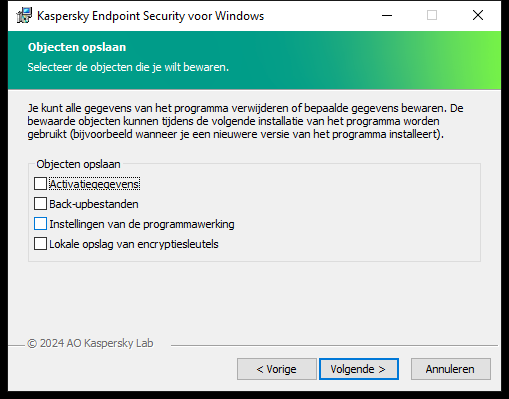 Installatievenster met een lijst objecten die kunnen worden opgeslagen na het verwijderen van het programma.