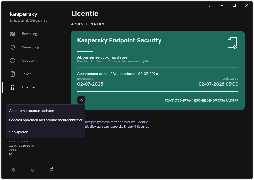 Het venster met informatie over de licentie. De gebruiker kan de abonnementsstatus bijwerken, contact opnemen met de abonnementsprovider of de licentie verwijderen.