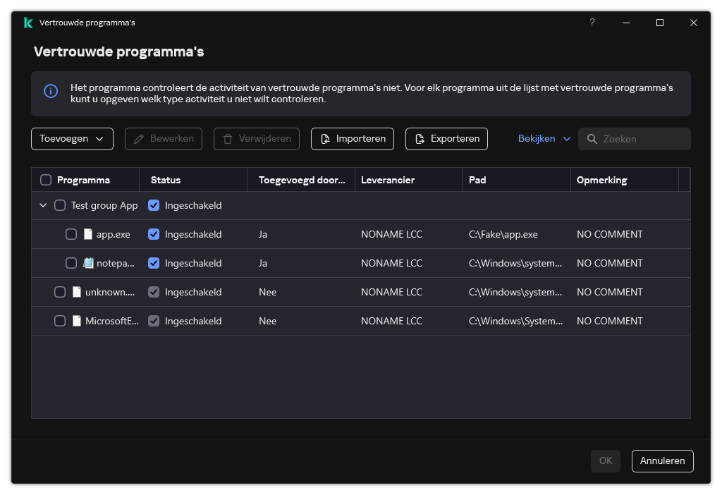 Een venster met de lijst met vertrouwde programma's. De gebruiker kan een vertrouwd programma toevoegen, bewerken of verwijderen.