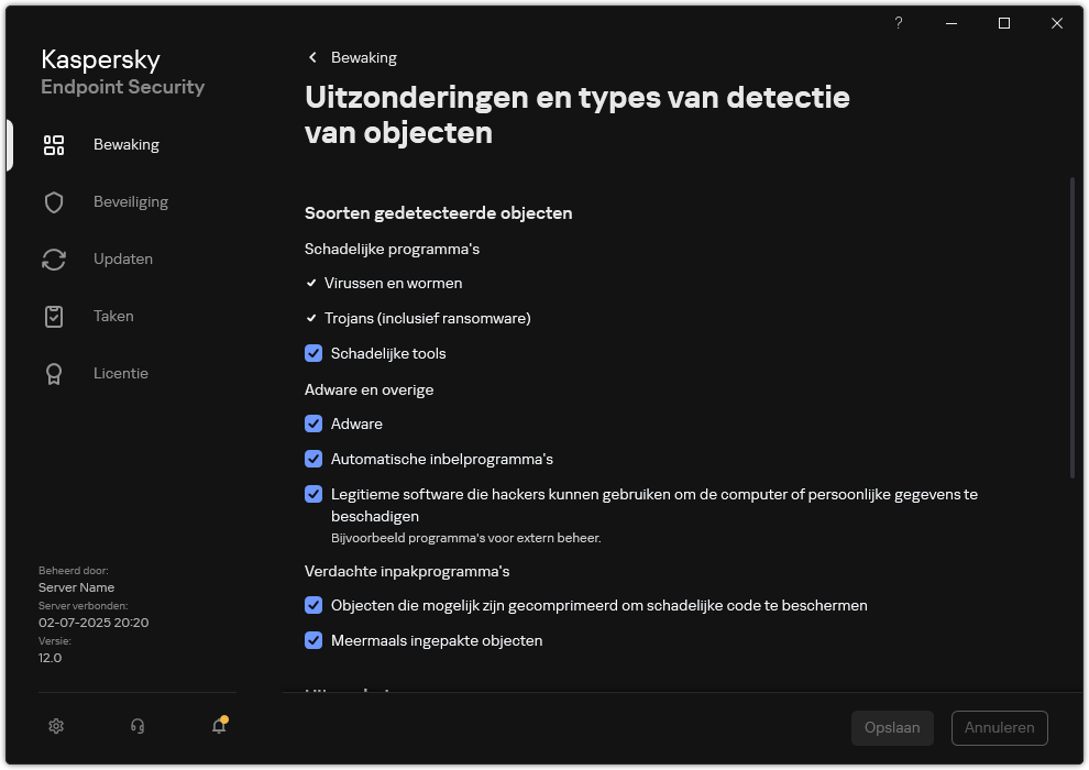 Venster instellingen voor uitzonderingen. De gebruiker kan soorten detecteerbare objecten selecteren en objecten toevoegen aan uitzonderingen.