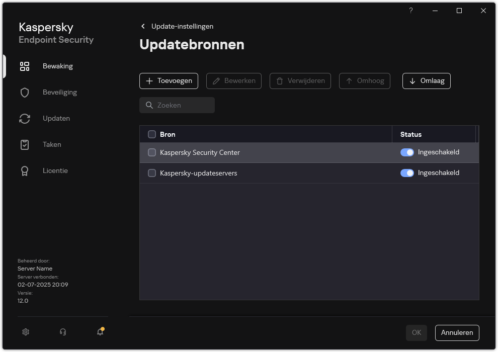 Een venster met de lijst met updatebronnen. De gebruiker kan updatebronnen toevoegen en een prioriteit aan de bron toewijzen.