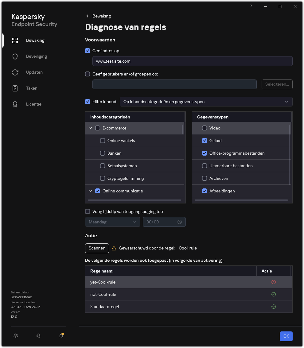 Venster met testresultaten van webbronnen.