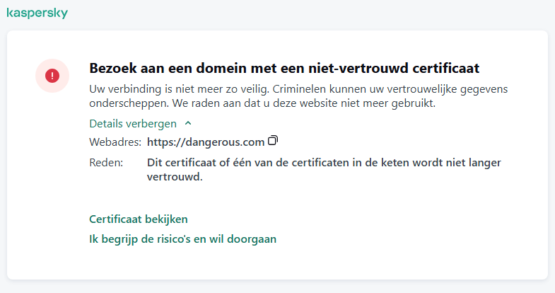 Kaspersky-melding over het bezoeken van een domein met een niet vertrouwd certificaat in het browservenster. De gebruiker kan verderwerken.