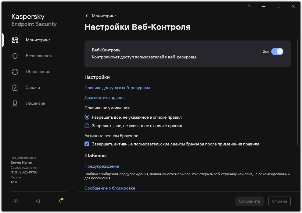 Окно с параметрами Веб-Контроля.